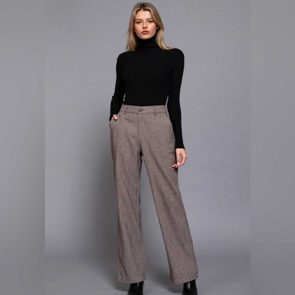 Women's Brown Straight-Leg Herringbone Pants - Picture 1 of 4